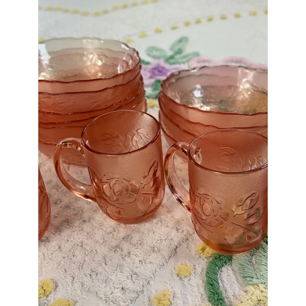 Arcoroc France Rosaline Pink Glass Set  12 Mugs 11 Bowls Rose Floral‎ Vintage
